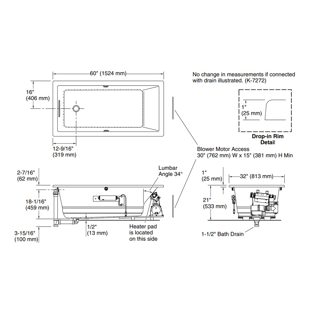 Kohler 1168-GHW-7 Underscore Heated Bbm Bask 5' Bath