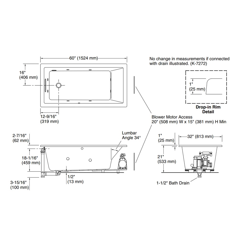 Kohler 1168-JH-7 Underscore 60X32X21 Fj Whirlpool Bath