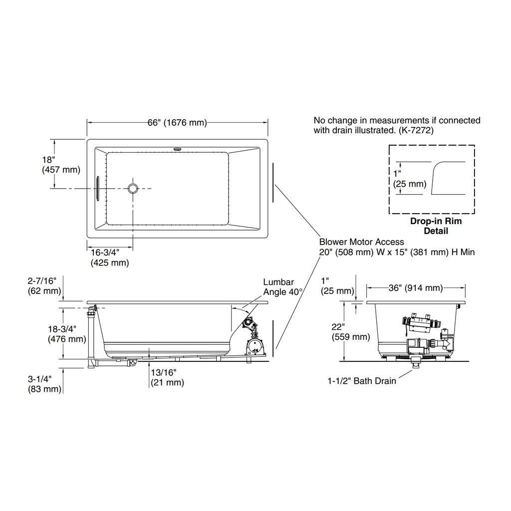 Kohler 1173-GH-95 Underscore Heated Bbm 5.5' Bath