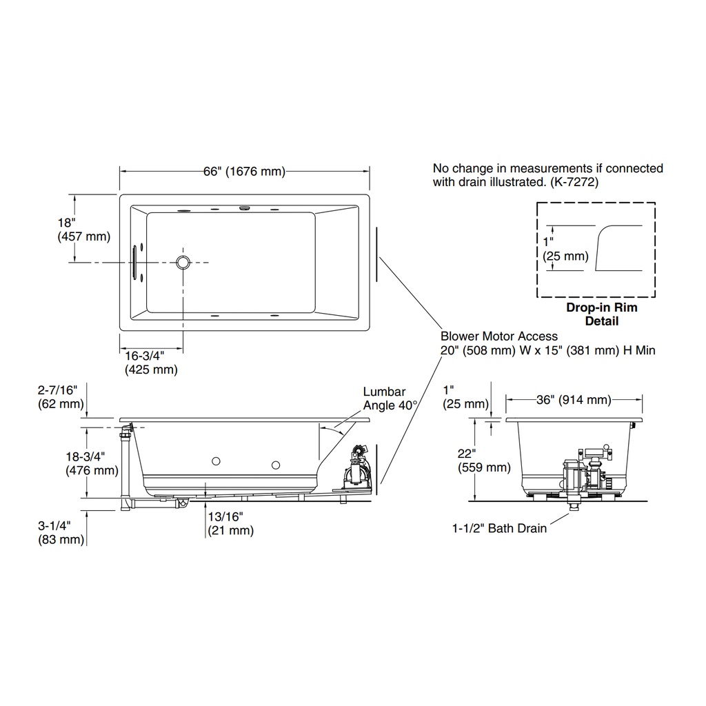 Kohler 1173-JH-7 Underscore 66X36X22 Fj Whirlpool Bath
