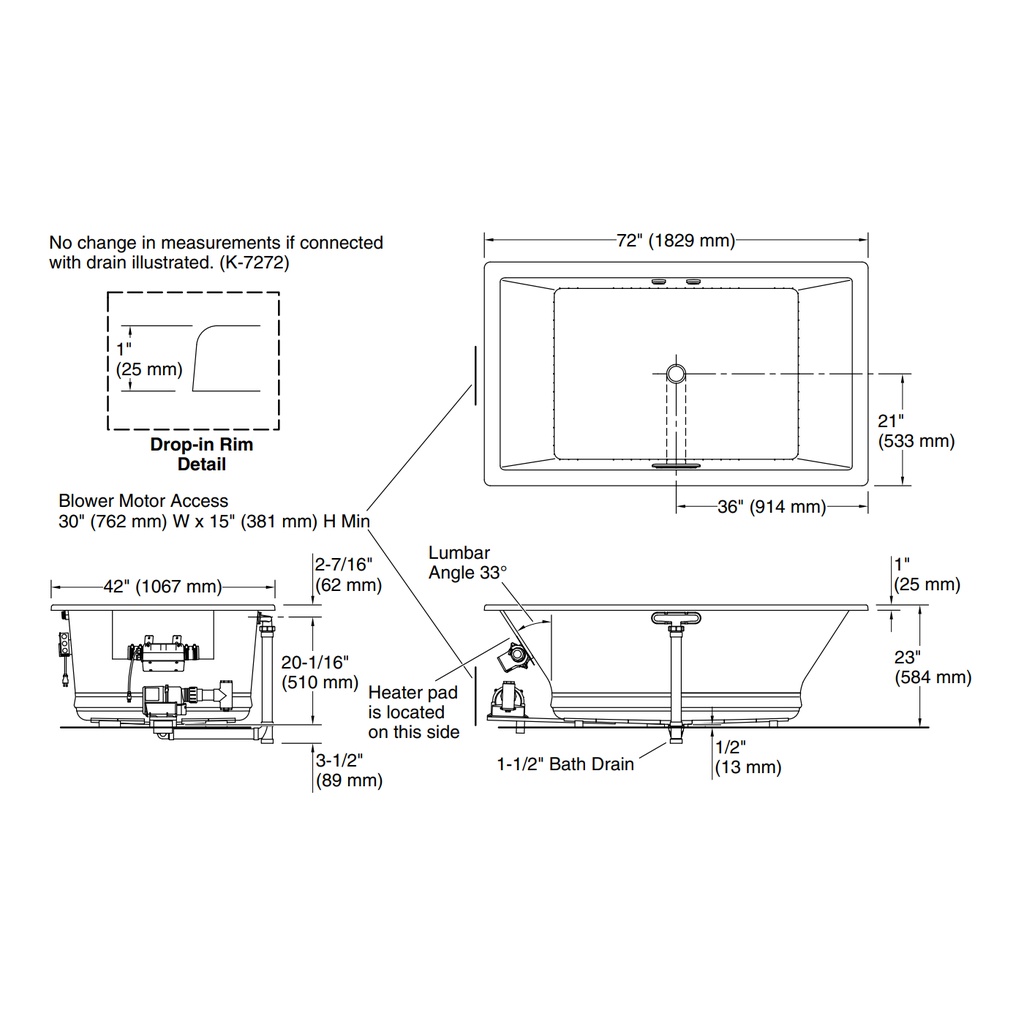 Kohler 1174-GHW-0 Underscore Heated Bbm Bask 6' Bath