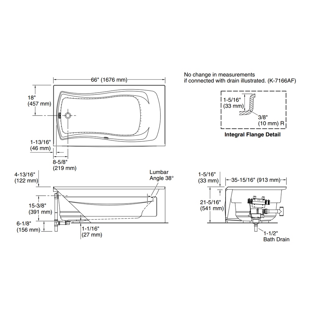 Kohler 1224-GHLA-0 Mariposa 5.5' Heated Bbm Bath Apn
