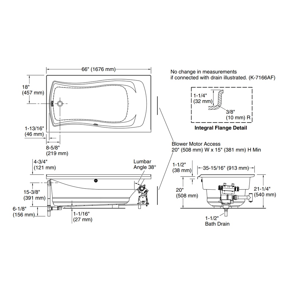 Kohler 1224-GHLF-0 Mariposa 5.5' Heated Bbm Bath, Flg
