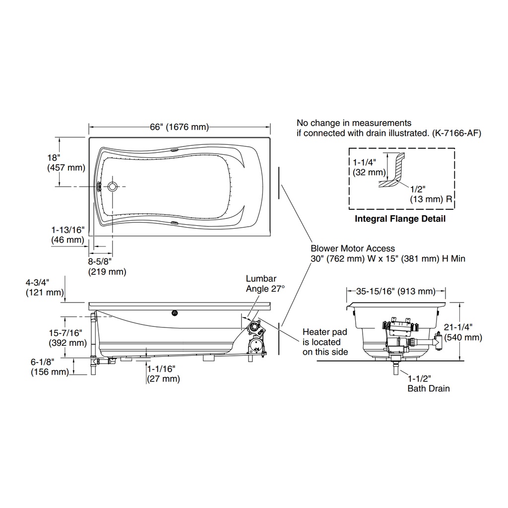 Kohler 1224-GHLW-0 Mariposa 5.5' Heated Bbm Bask Bath