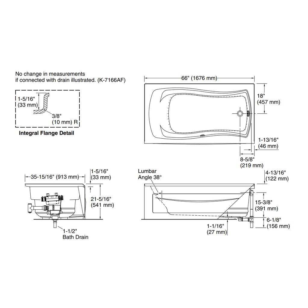 Kohler 1224-GHRA-0 Mariposa 5.5' Heated Bbm Bath Apn