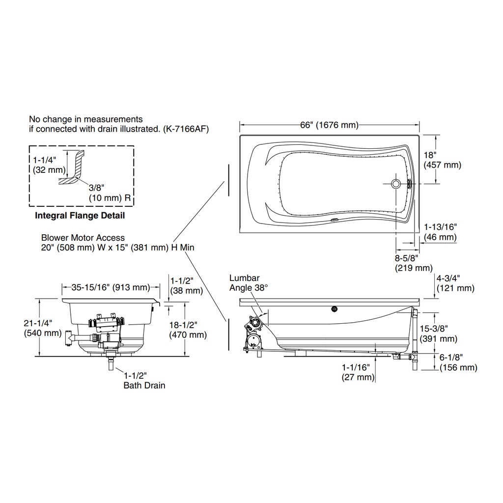Kohler 1224-GHRF-0 Mariposa 5.5' Heated Bbm Bath, Flg