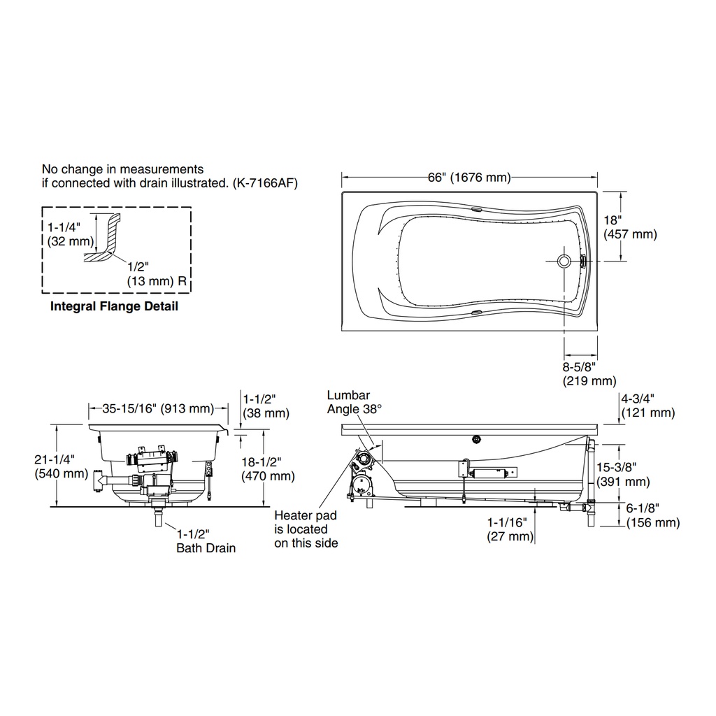 Kohler 1224-GHRW-0 Mariposa 5.5' Heated Bbm Bask Bath