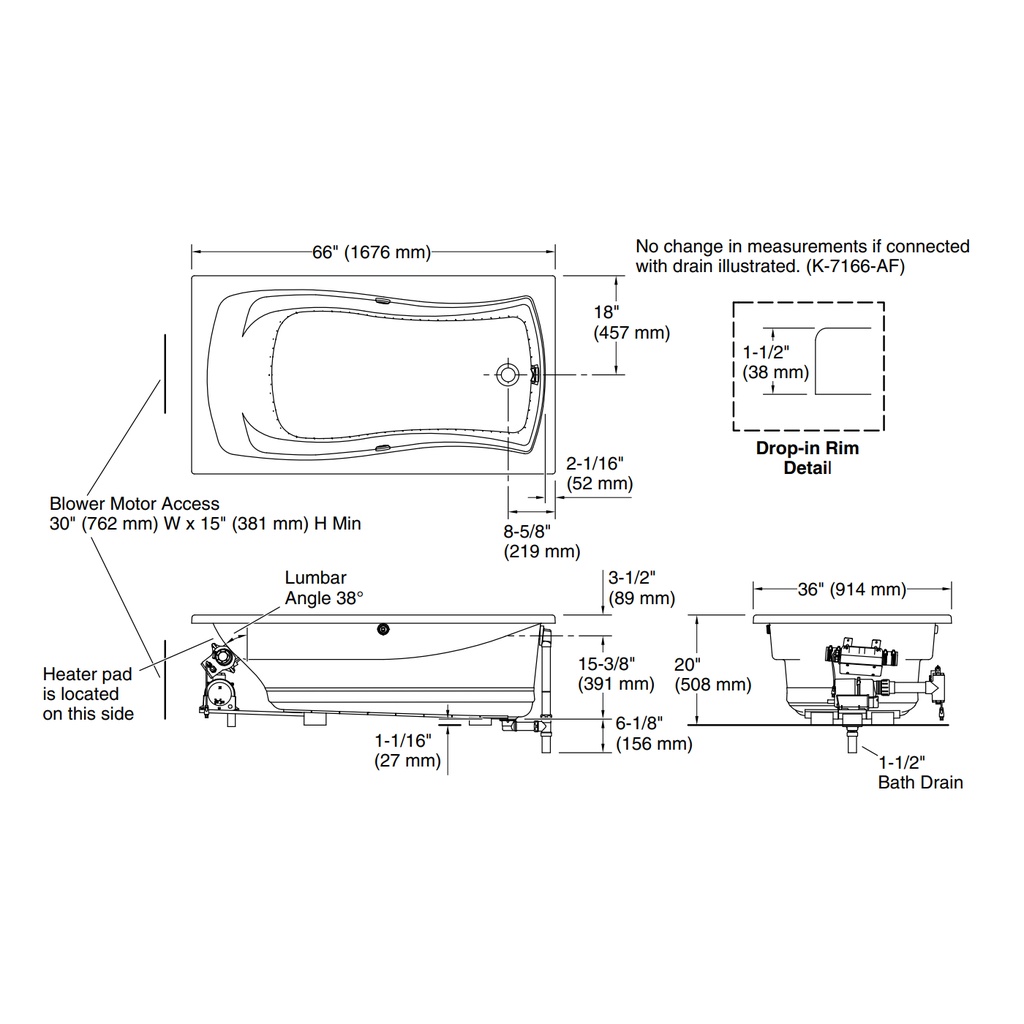 Kohler 1224-GHW-0 Mariposa 5.5' Heated Bbm Bask Bath