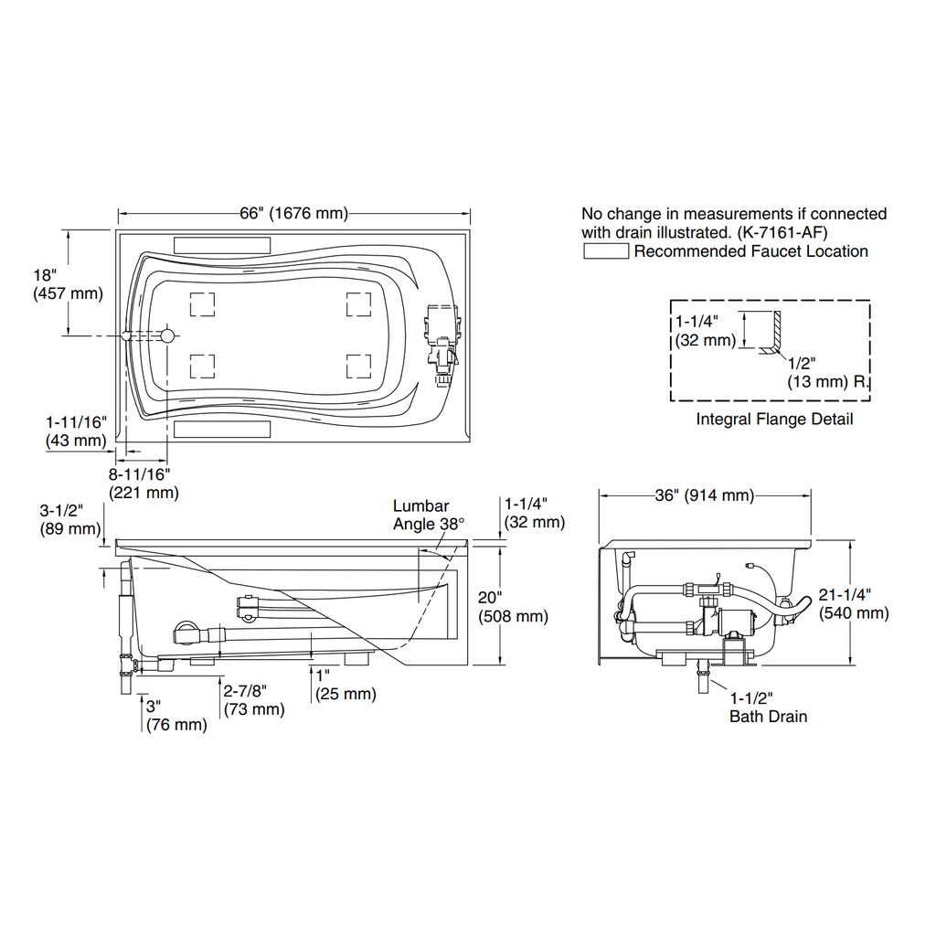 Kohler 1224-LA-0 Mariposa 5.5' Wp Int Apron Usa Lh 120V