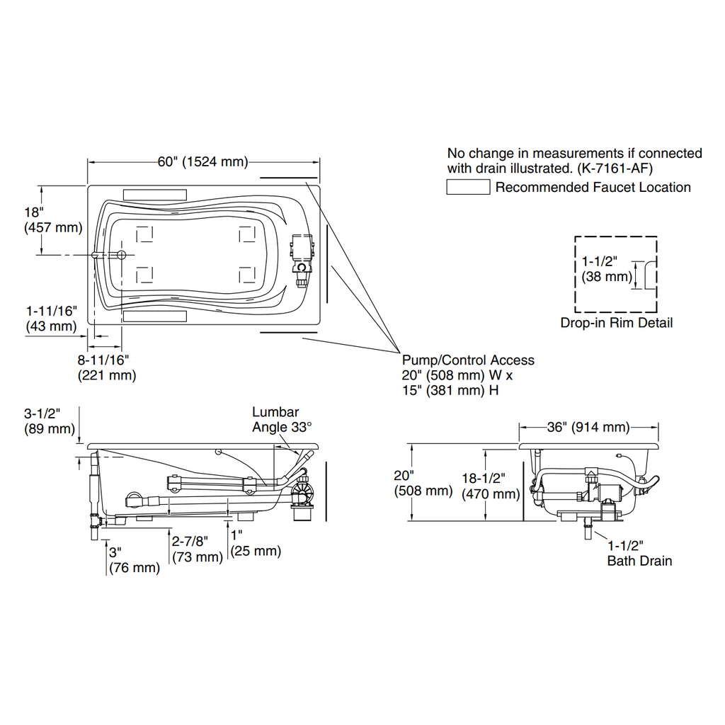 Kohler 1239-0 Mariposa 5' Wp Drop-In Usa 120V