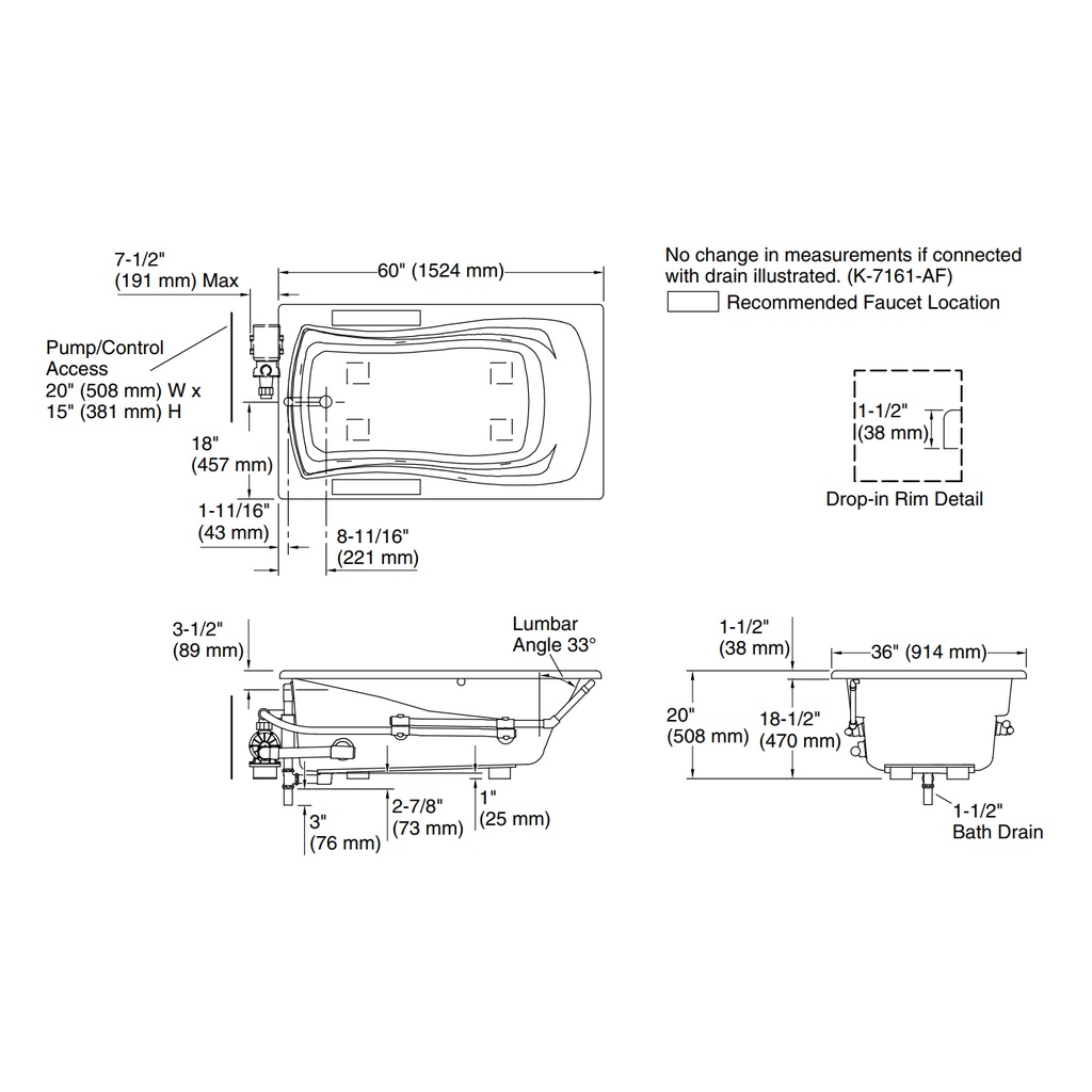 Kohler 1239-CB-0 Mariposa 5' Wp D-I Usa 120V Custom Pump