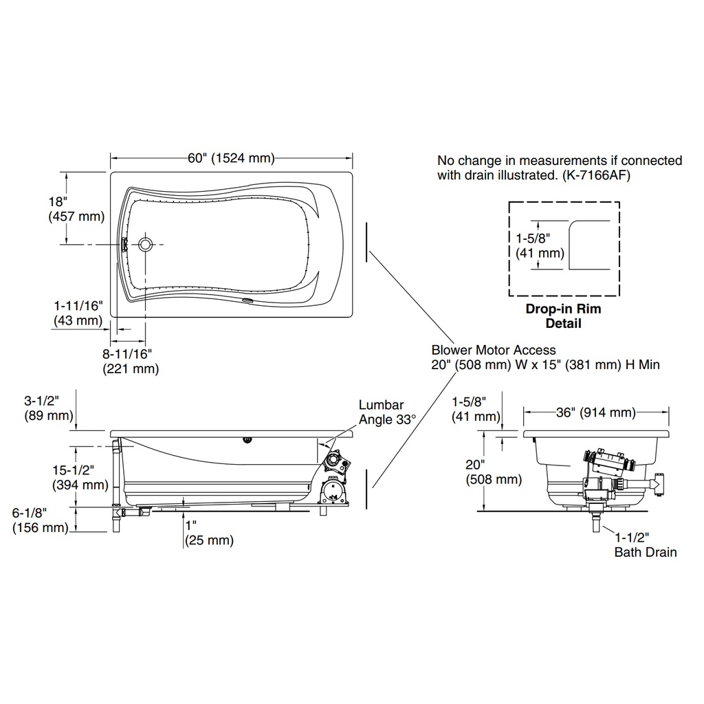 Kohler 1239-GH-0 Mariposa 5' Heated Bbm Bath, D-I