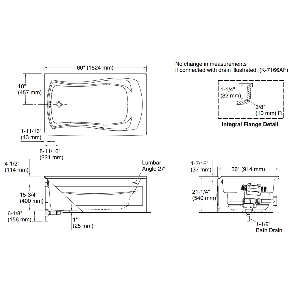 Kohler 1239-GHLA-0 Mariposa 5' Heated Bbm Bath, Apn Lh