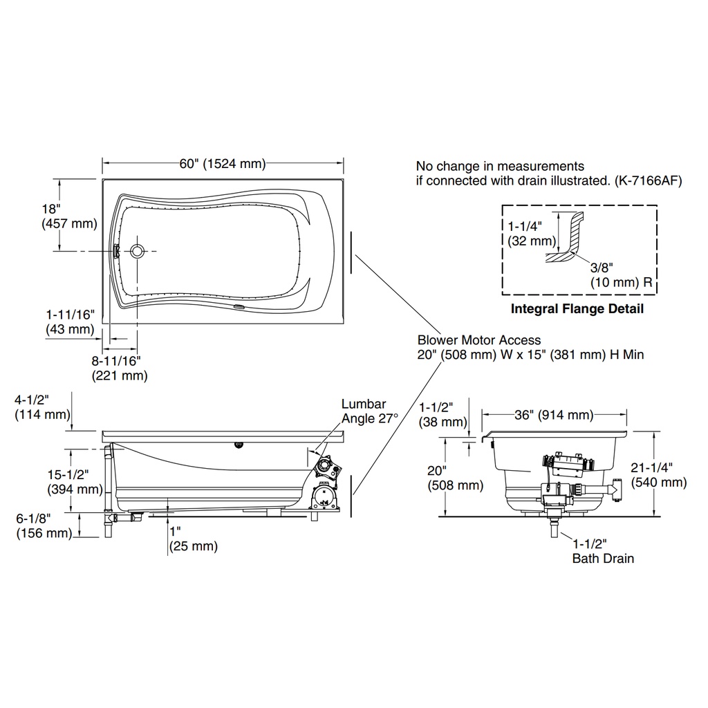 Kohler 1239-GHLF-0 Mariposa 5' Heated Bbm Bath, Flg Lh