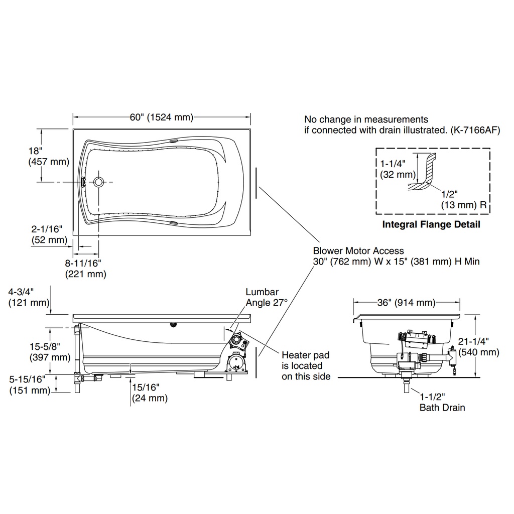 Kohler 1239-GHLW-0 Mariposa 5' Heated Bbm Bask Bath