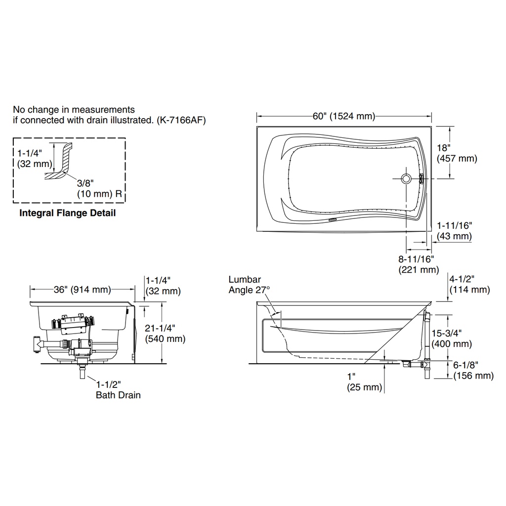 Kohler 1239-GHRA-0 Mariposa 5' Heated Bbm Bath, Apn Rh