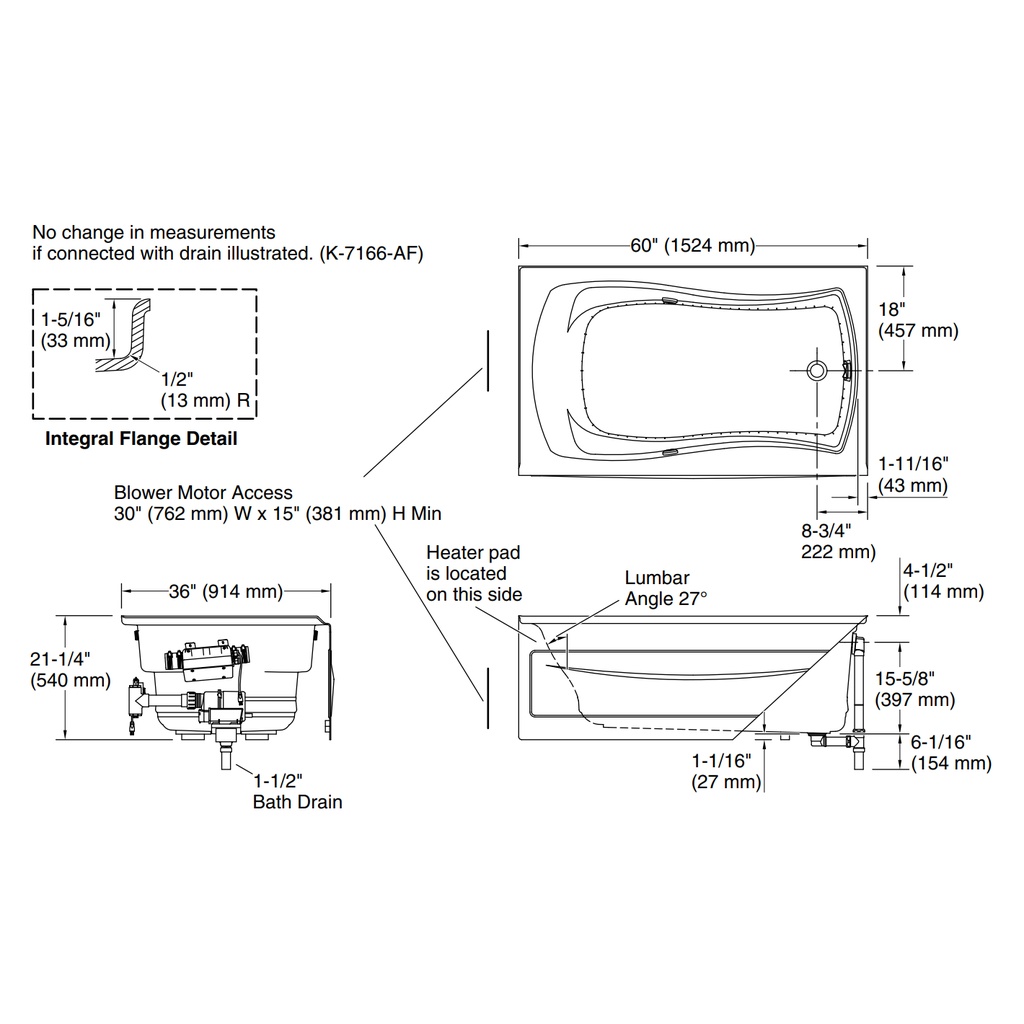 Kohler 1239-GHRAW-0 Mariposa 5' Heated Bbm Bask Bath