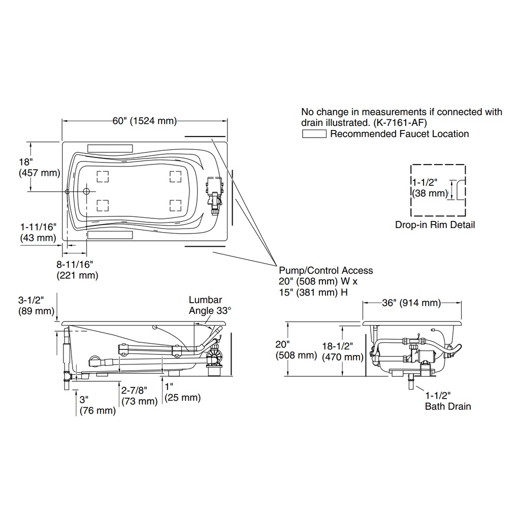 Kohler 1239-H-0 Mariposa 5' Wp Drop-In Usa 120V Heat