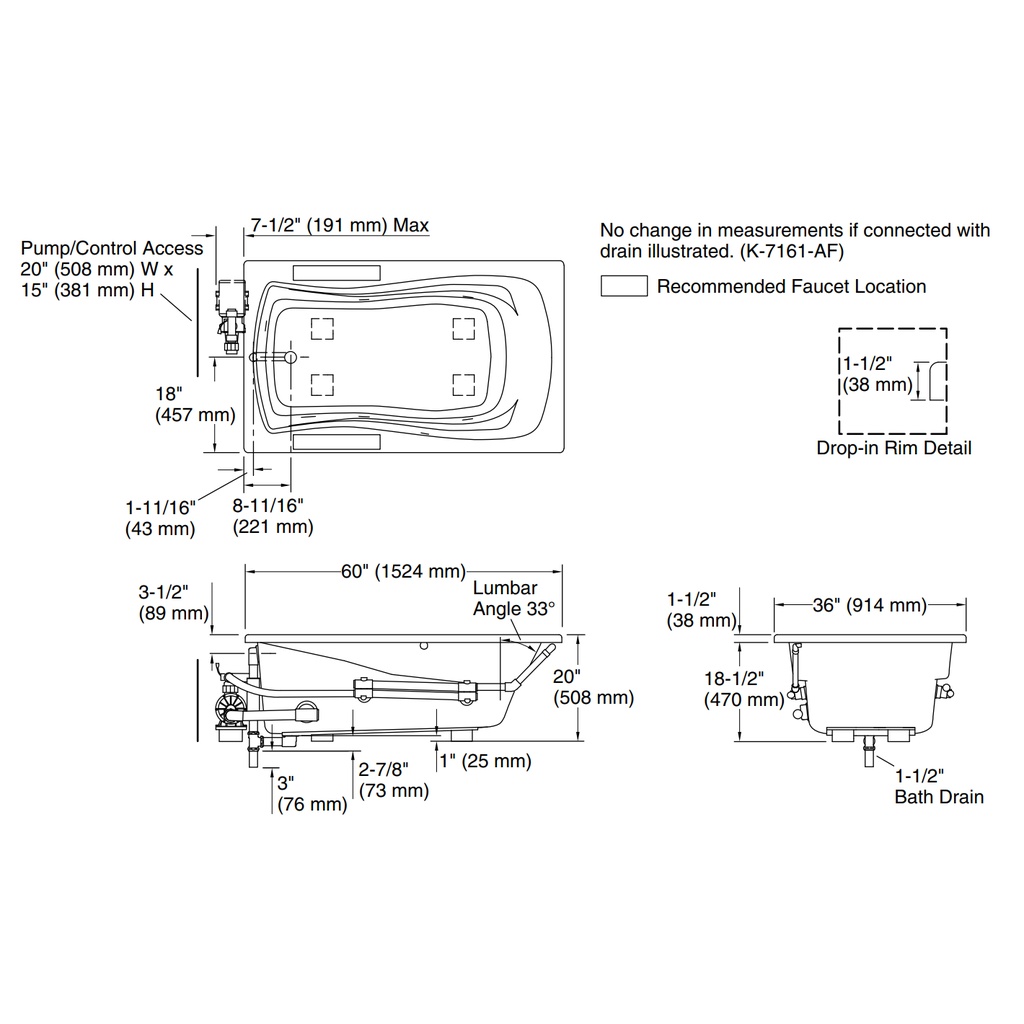 Kohler 1239-HB-0 Mariposa 5' Wp Di Usa 120V Heat Cust Pmp