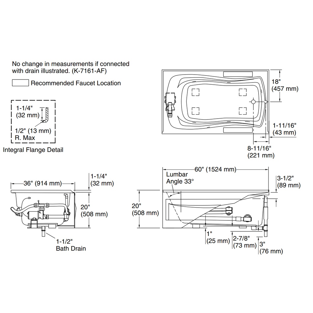 Kohler 1239-HR-0 Mariposa 5' Wp Int Aprn Usa Rh 120V Heat
