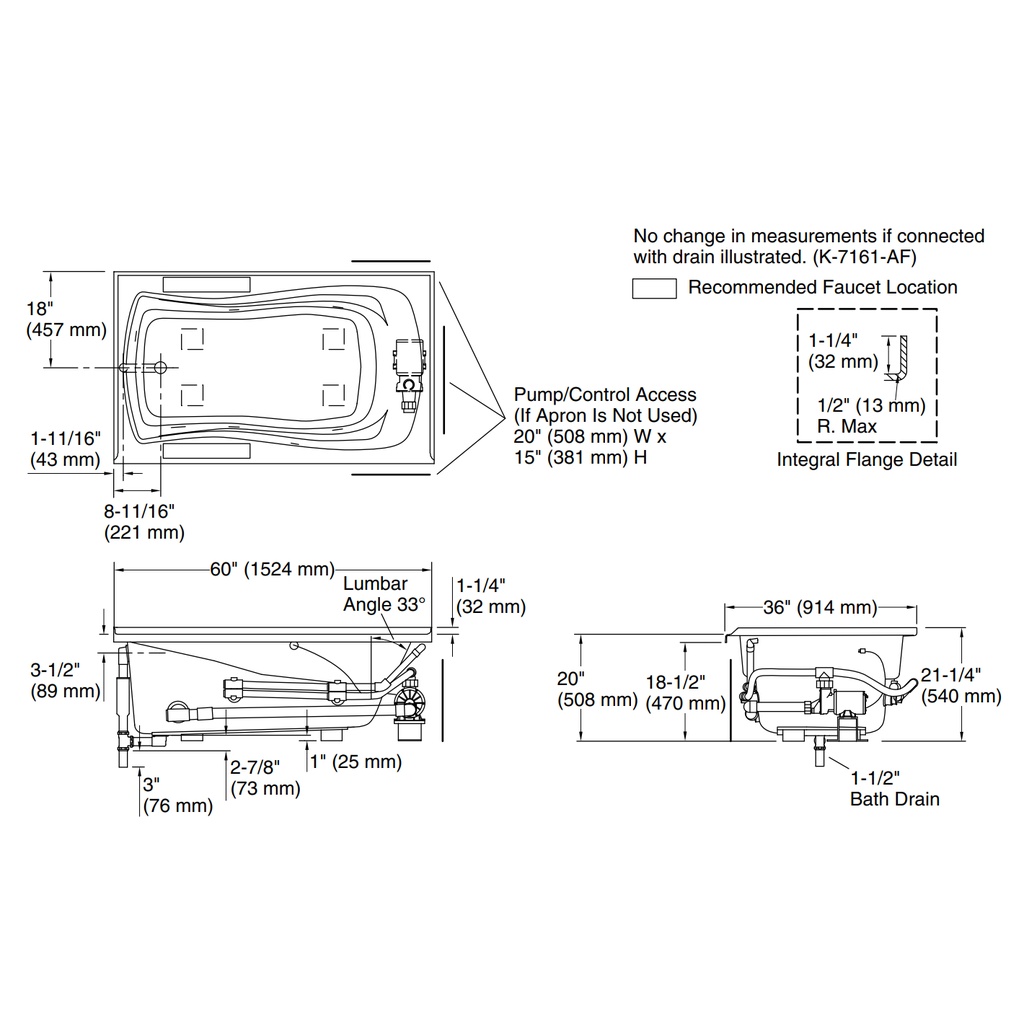 Kohler 1239-L-0 Mariposa 5' Wp, Flanged Usa Lh 120V