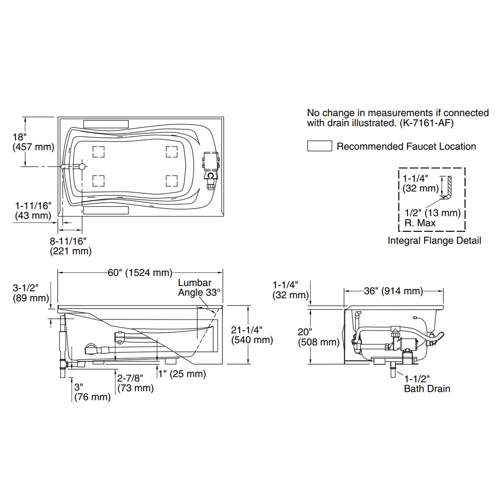 Kohler 1239-LA-0 Mariposa 5' Wp Int Apron Usa Lh 120V