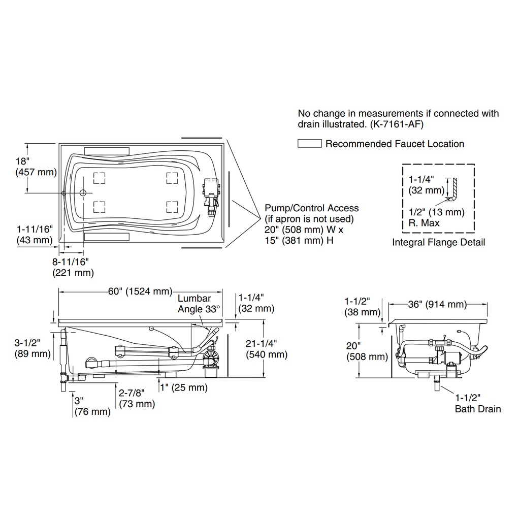 Kohler 1239-LH-0 Mariposa 5' Wp Flanged Usa Lh 120V Heat