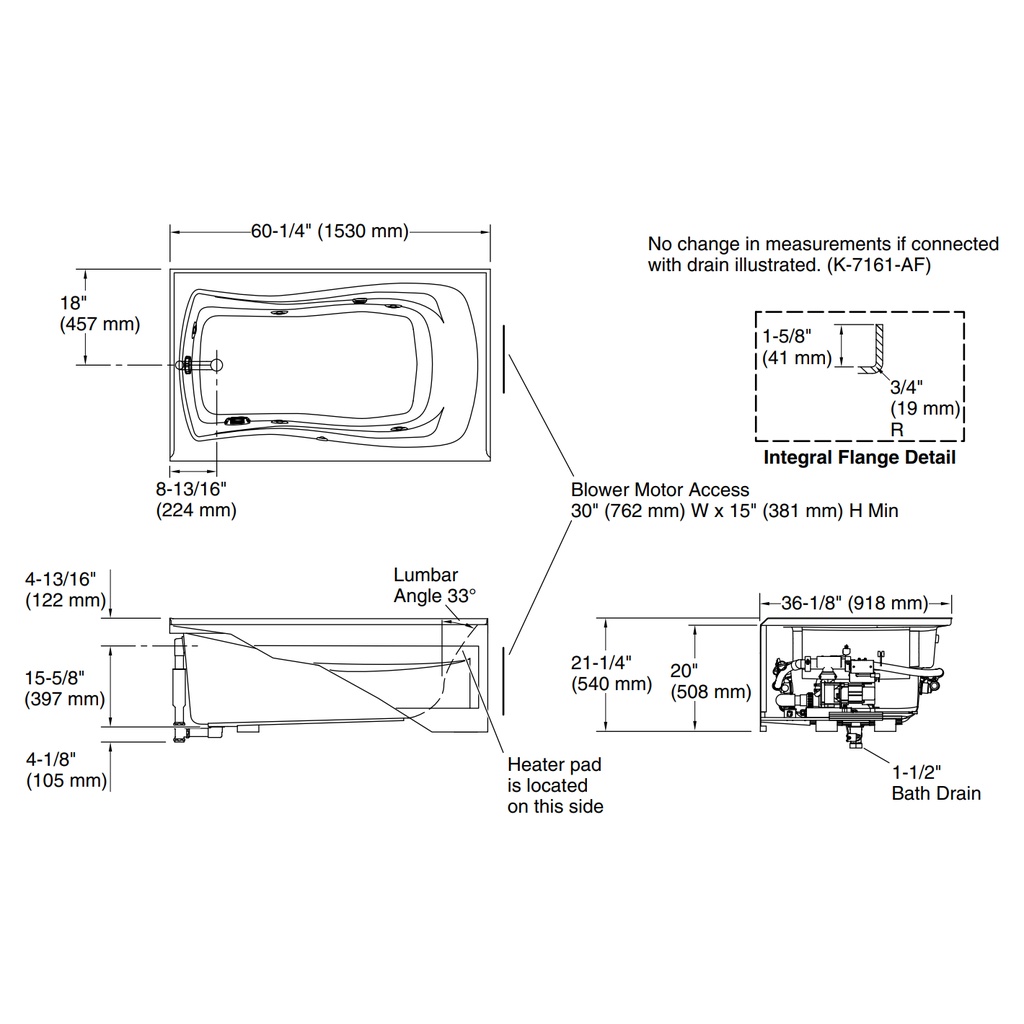 Kohler 1239-LW-0 Mariposa Bask 5' Wp, Flanged Usa Lh