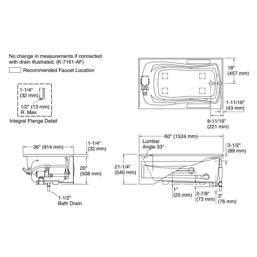 Kohler 1239-R-0 Mariposa 5' Wp, Flanged Usa Rh 120V