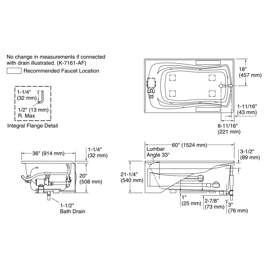 Kohler 1239-RA-0 Mariposa 5' Wp, Int Apron Usa Rh 120V