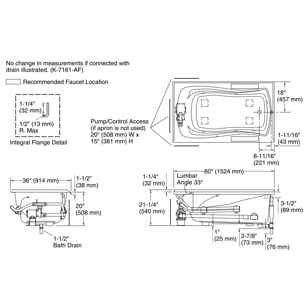 Kohler 1239-RH-0 Mariposa 5' Wp Flanged Usa Rh 120V Heat