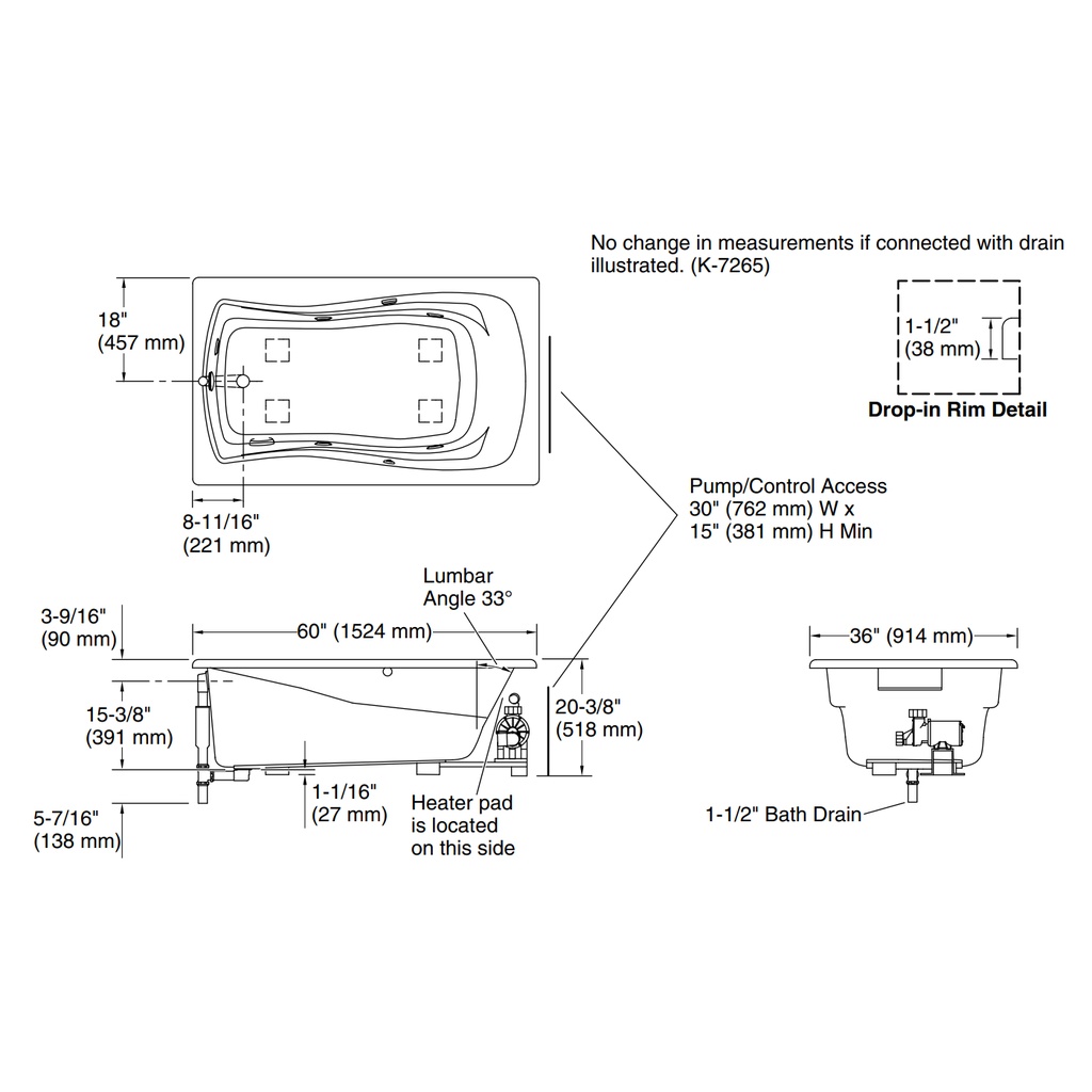 Kohler 1239-W1-0 Mariposa Bask 5' Wp Drop-In Usa 120V