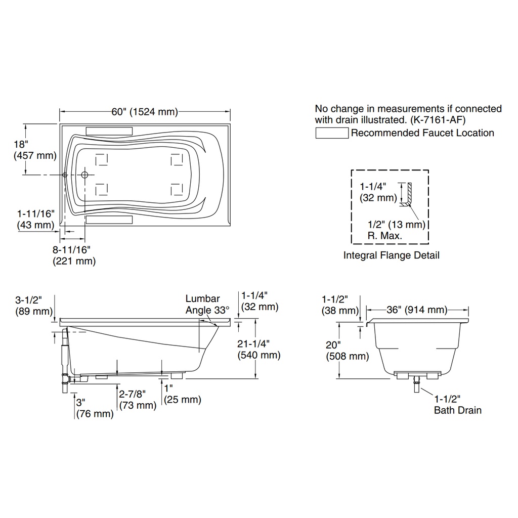 Kohler 1242-L-0 Mariposa 5' Bath/Lh+Flange