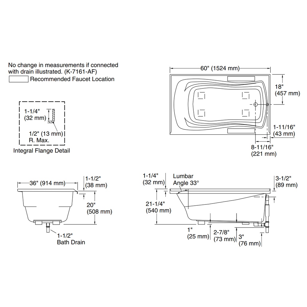 Kohler 1242-R-0 Mariposa 5' Bath/Rh+Flange