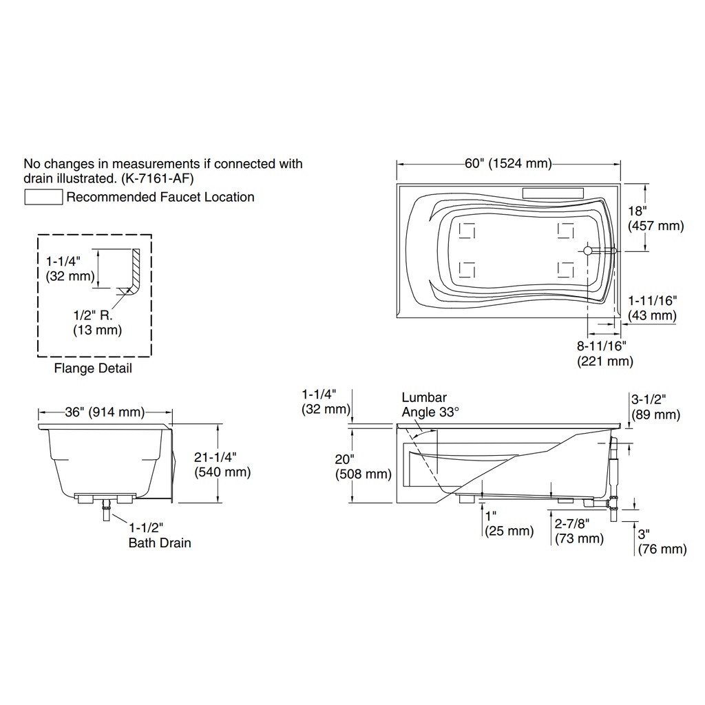 Kohler 1242-RA-0 Mariposa 5' Bath, W/Apron, Rh