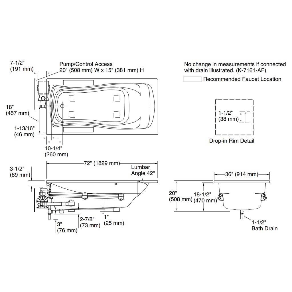 Kohler 1257-CB-0 Mariposa 6' Bath Whirlpool, Custom