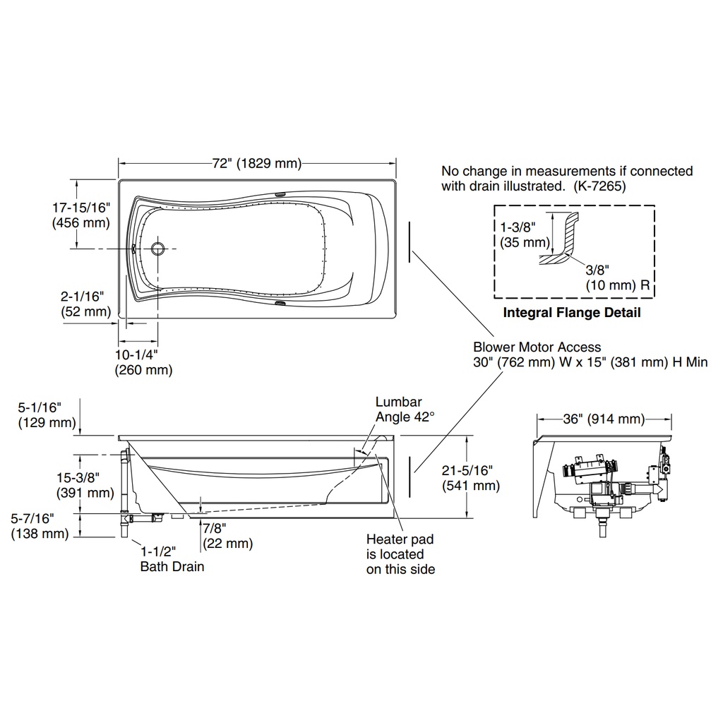 Kohler 1257-GHLAW-0 Mariposa Heated Bbm Bask Bath Apn