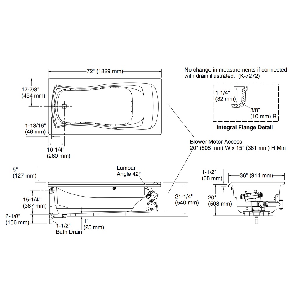 Kohler 1257-GHLF-0 Mariposa Heated Bbm Bath, Lh W/Flg