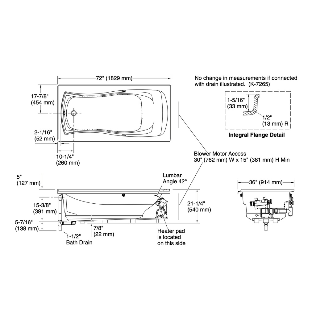 Kohler 1257-GHLW-0 Mariposa Heated Bbm Bask Bath Flg