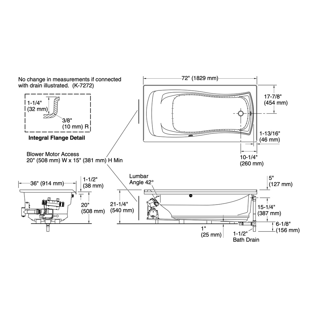 Kohler 1257-GHRF-0 Mariposa Heated Bbm Bath, Rh W/Flg