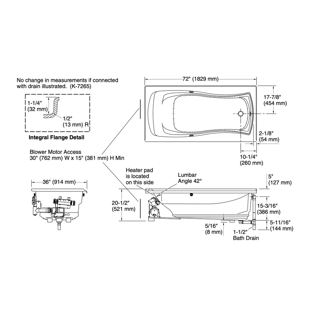 Kohler 1257-GHRW-0 Mariposa Heated Bbm Bask Bath Flg
