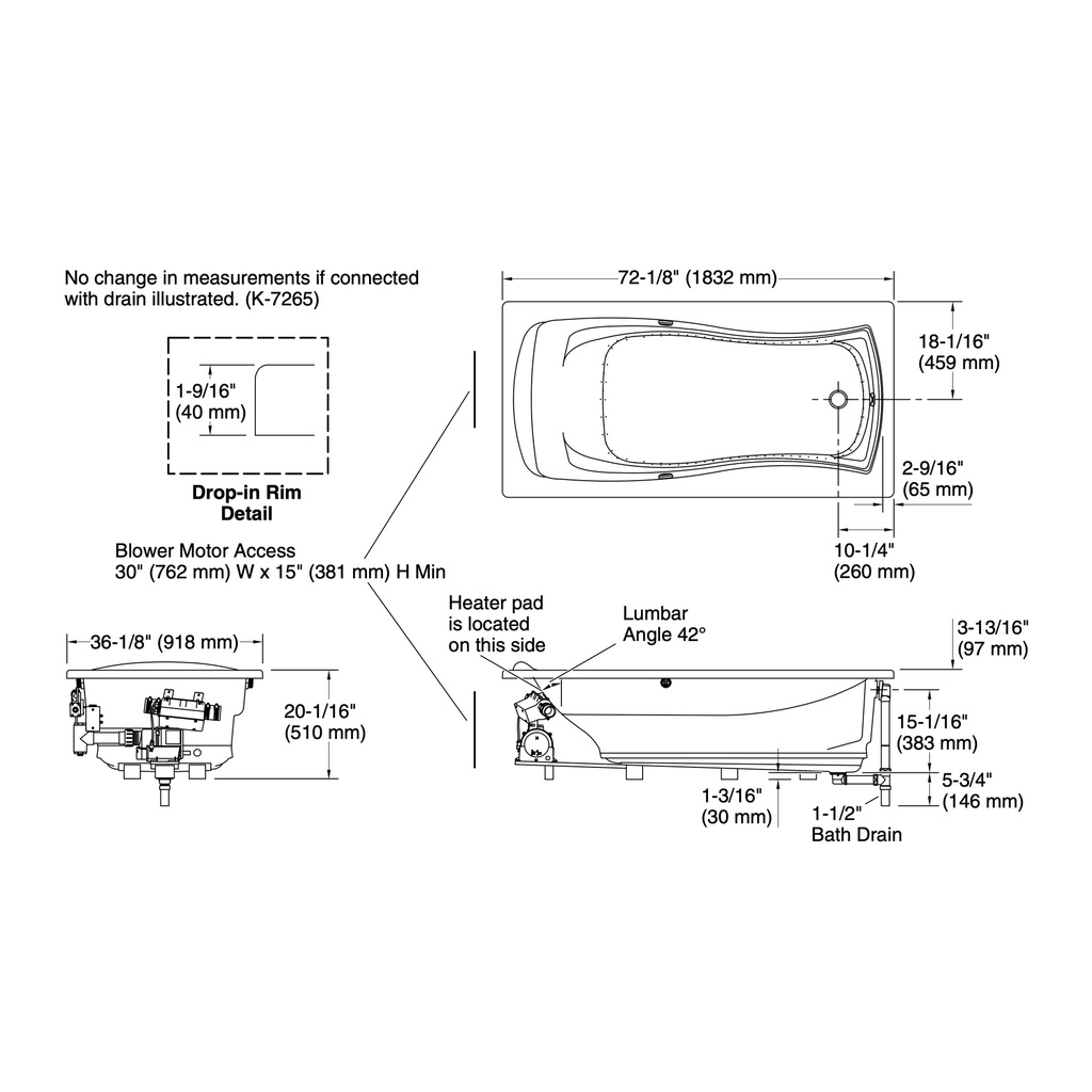 Kohler 1257-GHW-0 Mariposa Heated Bbm Bask 6' Bath