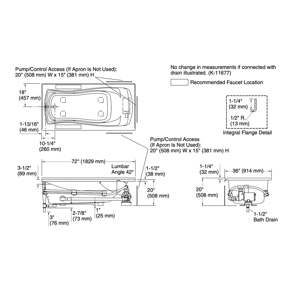 Kohler 1257-L-0 Mariposa 6' Wpool/Lh+Flange