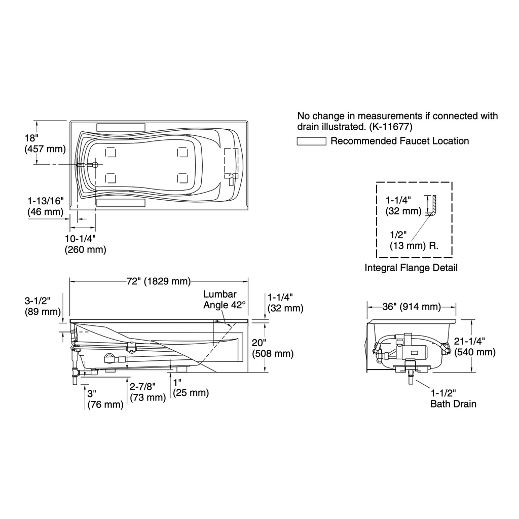 Kohler 1257-LA-0 Mariposa 6' Whirlpool, W/Apron, Lh