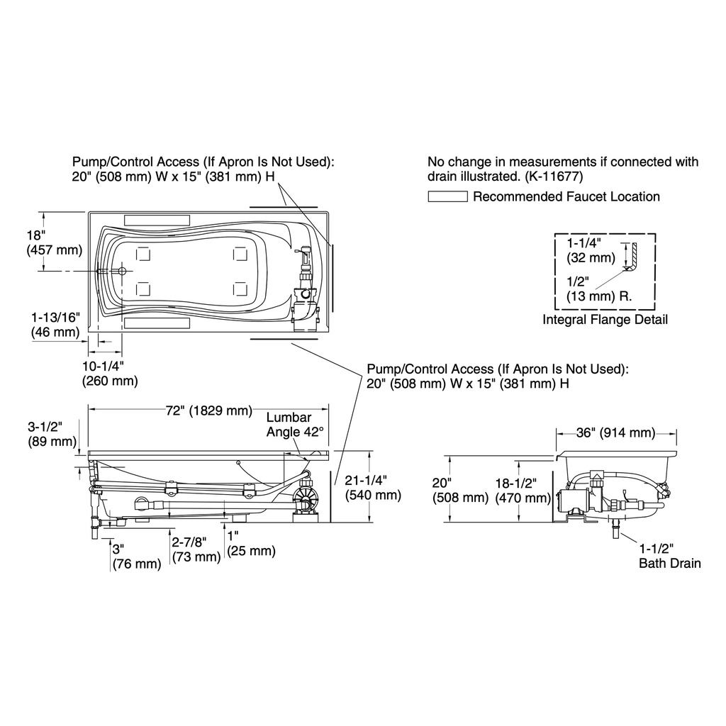 Kohler 1257-LH-0 Mariposa 6' Wpool 120V Usa Lh Drn W/Flng