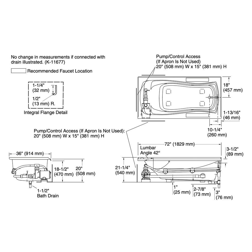 Kohler 1257-RH-0 Mariposa 6' Wpool 120V Usa Rh Drn W/Flng
