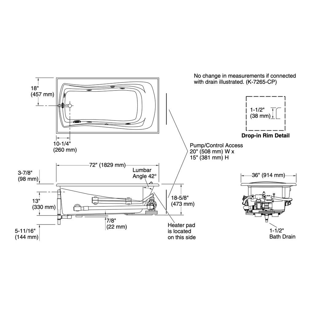Kohler 1257-W1-0 Mariposa Bask 6' Wpool/Drop-In