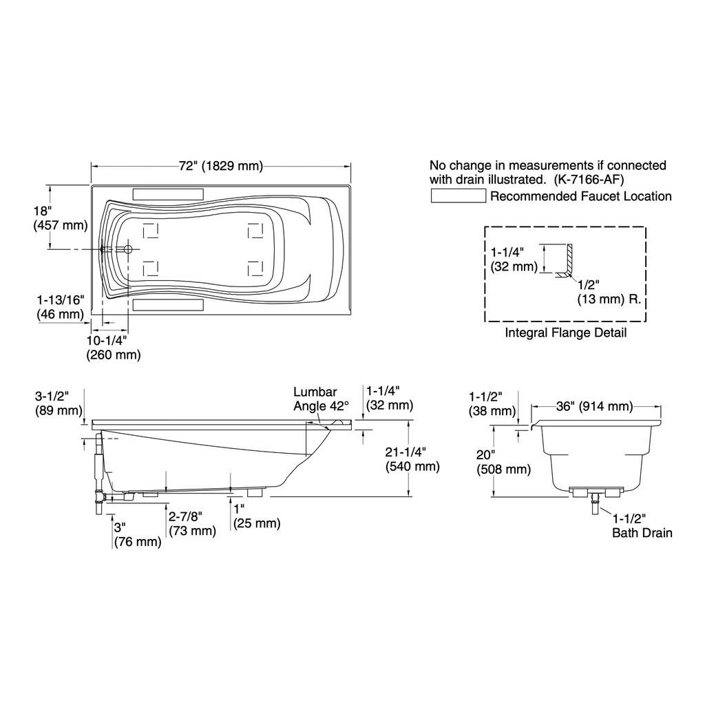 Kohler 1259-L-0 Mariposa 6' Bath/Lh+Flange