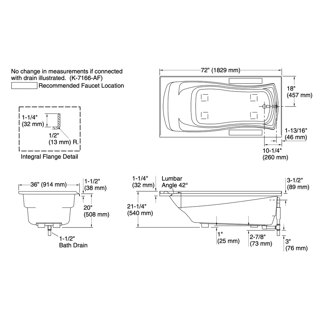 Kohler 1259-R-0 Mariposa 6' Bath/Rh+Flange