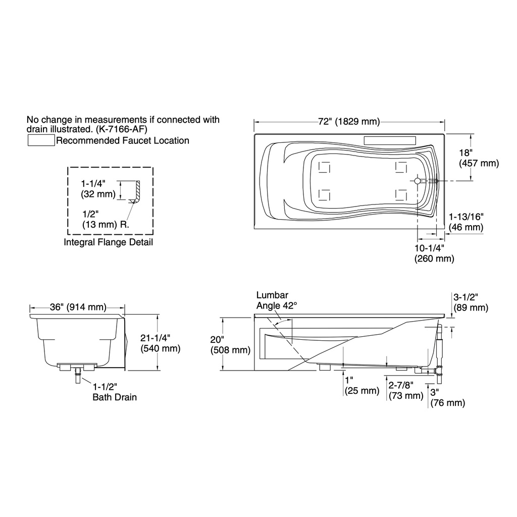 Kohler 1259-RA-0 Mariposa 6' Bath, W/Arpon, Rh